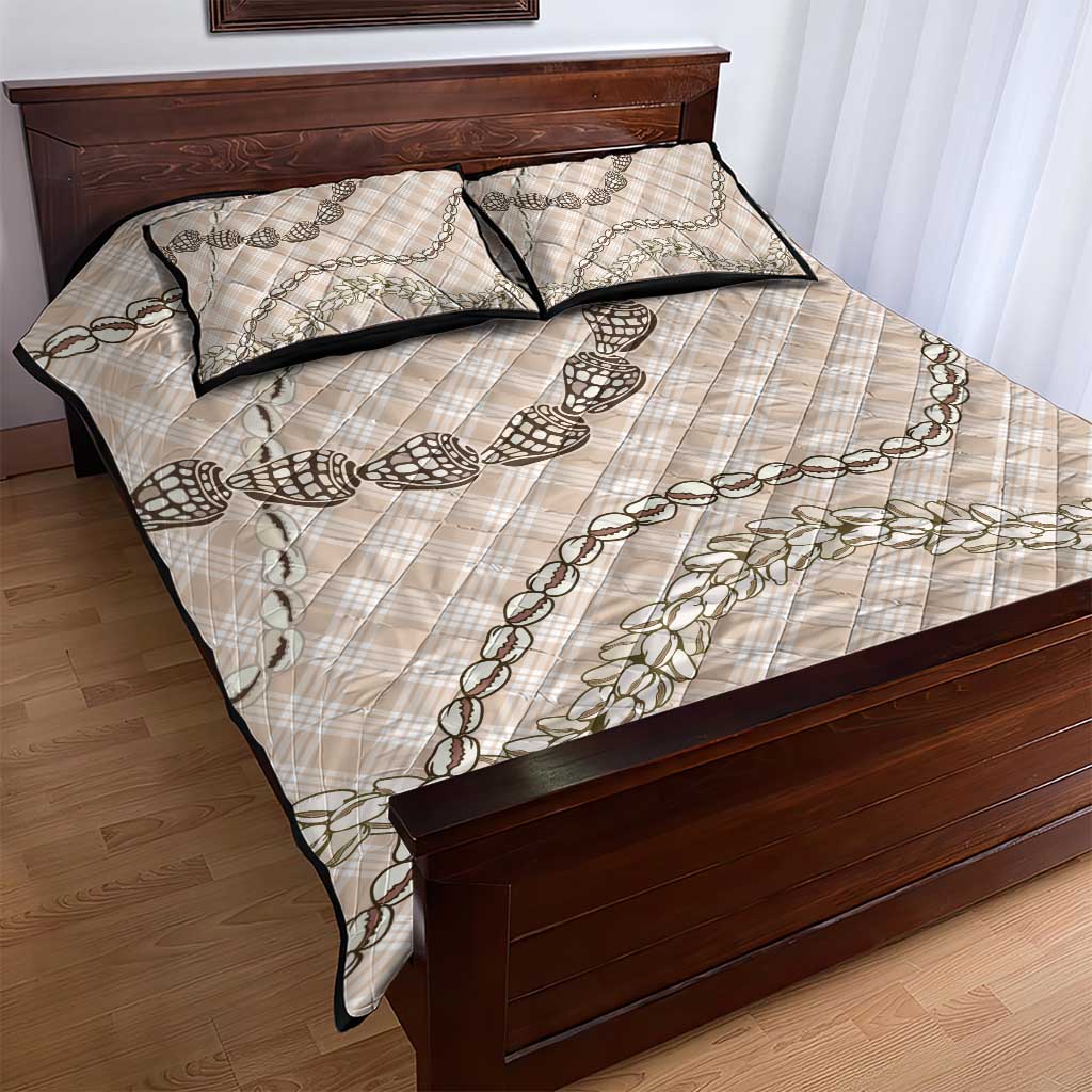 Beige Aloha Hawaii Shell Lei Quilt Bed Set Palaka Hebrew Cone Honey Cowrie Elegant Curves - Polynesian Pride
