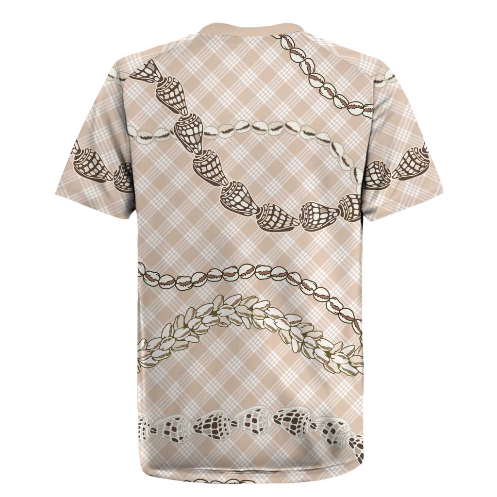 Beige Aloha Hawaii Shell Lei Rugby Jersey Palaka Hebrew Cone Honey Cowrie Elegant Curves - Polynesian Pride