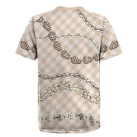 Beige Aloha Hawaii Shell Lei Rugby Jersey Palaka Hebrew Cone Honey Cowrie Elegant Curves - Polynesian Pride