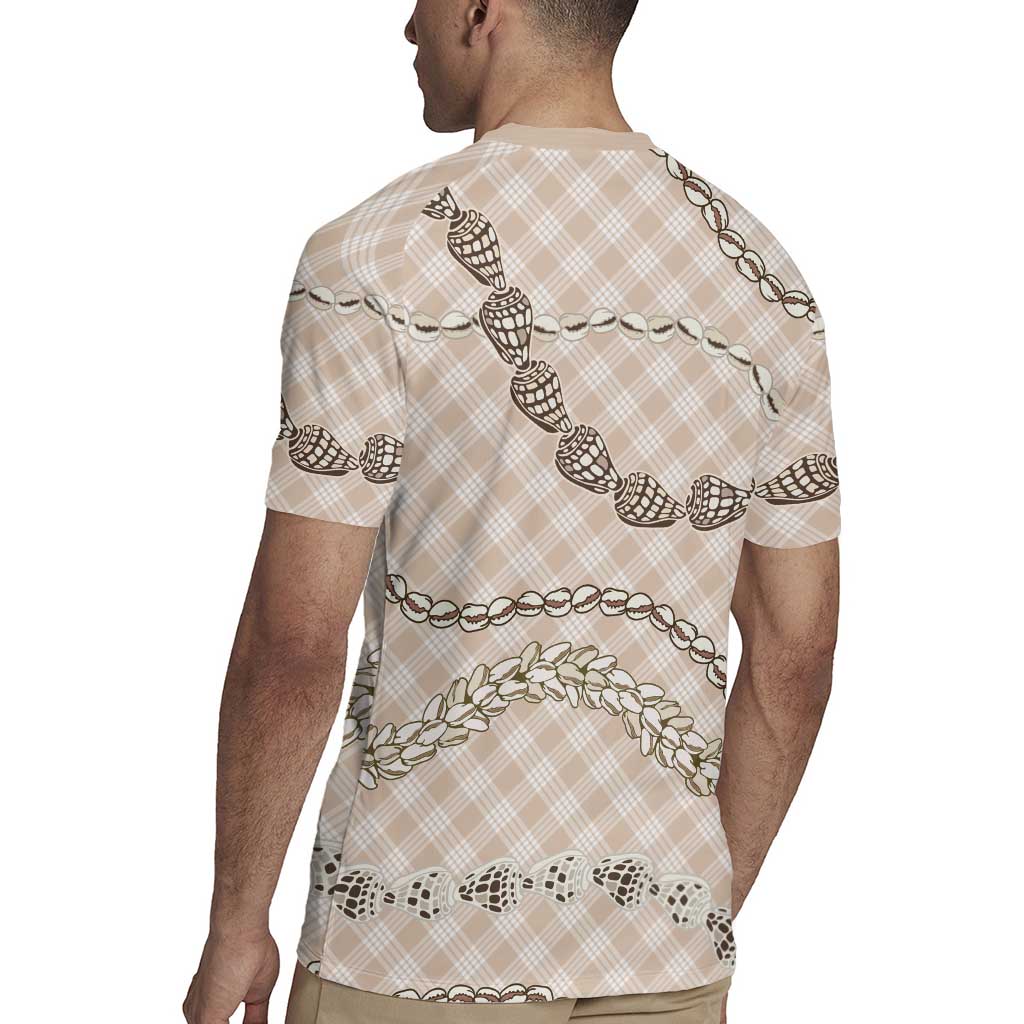 Beige Aloha Hawaii Shell Lei Rugby Jersey Palaka Hebrew Cone Honey Cowrie Elegant Curves - Polynesian Pride