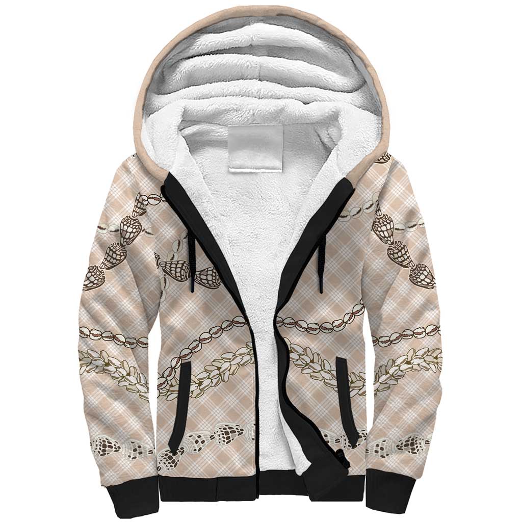 Beige Aloha Hawaii Shell Lei Sherpa Hoodie Palaka Hebrew Cone Honey Cowrie Elegant Curves - Polynesian Pride