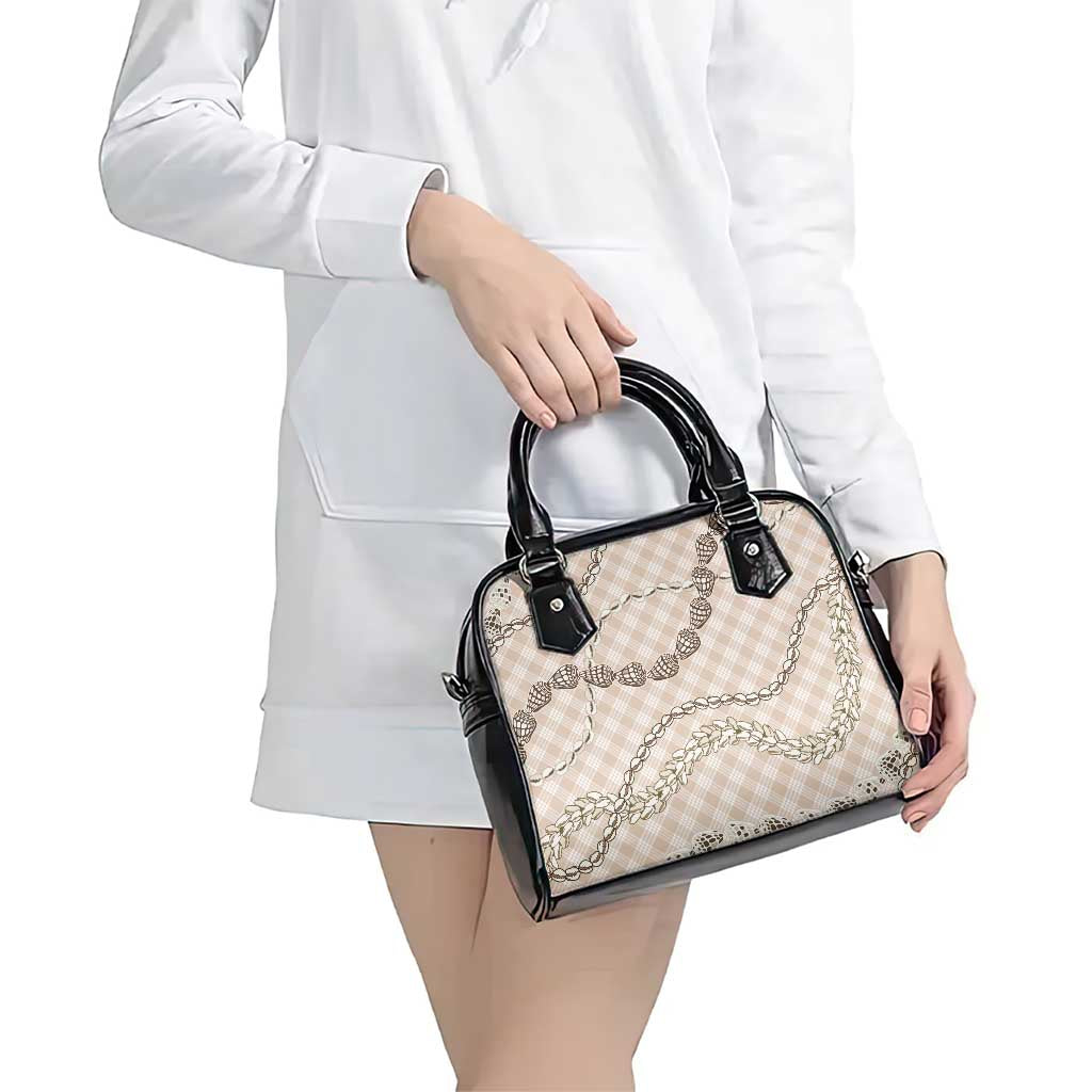 Beige Aloha Hawaii Shell Lei Shoulder Handbag Palaka Hebrew Cone Honey Cowrie Elegant Curves - Polynesian Pride