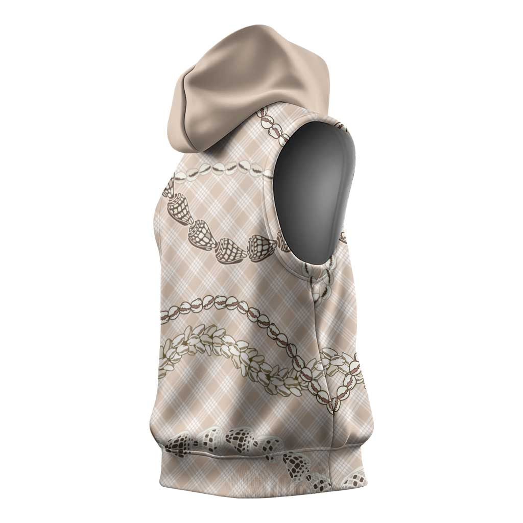 Beige Aloha Hawaii Shell Lei Sleeveless Hoodie Palaka Hebrew Cone Honey Cowrie Elegant Curves - Polynesian Pride