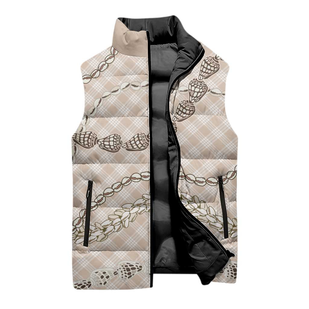 Beige Aloha Hawaii Shell Lei Sleeveless Puffer Jacket Palaka Hebrew Cone Honey Cowrie Elegant Curves - Polynesian Pride