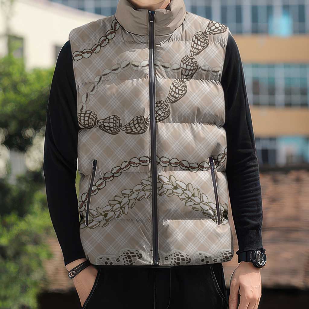Beige Aloha Hawaii Shell Lei Sleeveless Puffer Jacket Palaka Hebrew Cone Honey Cowrie Elegant Curves - Polynesian Pride