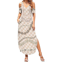 Beige Aloha Hawaii Shell Lei Summer Maxi Dress Palaka Hebrew Cone Honey Cowrie Elegant Curves LT14 Women Beige - Polynesian Pride