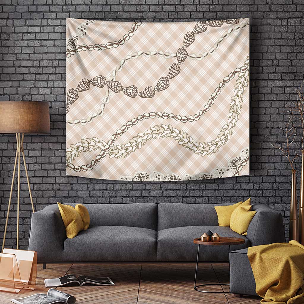 Beige Aloha Hawaii Shell Lei Tapestry Palaka Hebrew Cone Honey Cowrie Elegant Curves - Polynesian Pride