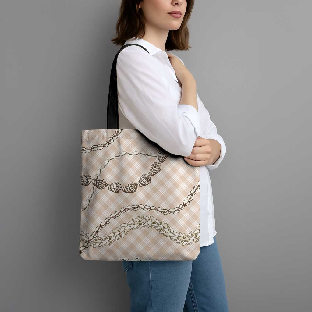 Beige Aloha Hawaii Shell Lei Tote Bag Palaka Hebrew Cone Honey Cowrie Elegant Curves - Polynesian Pride