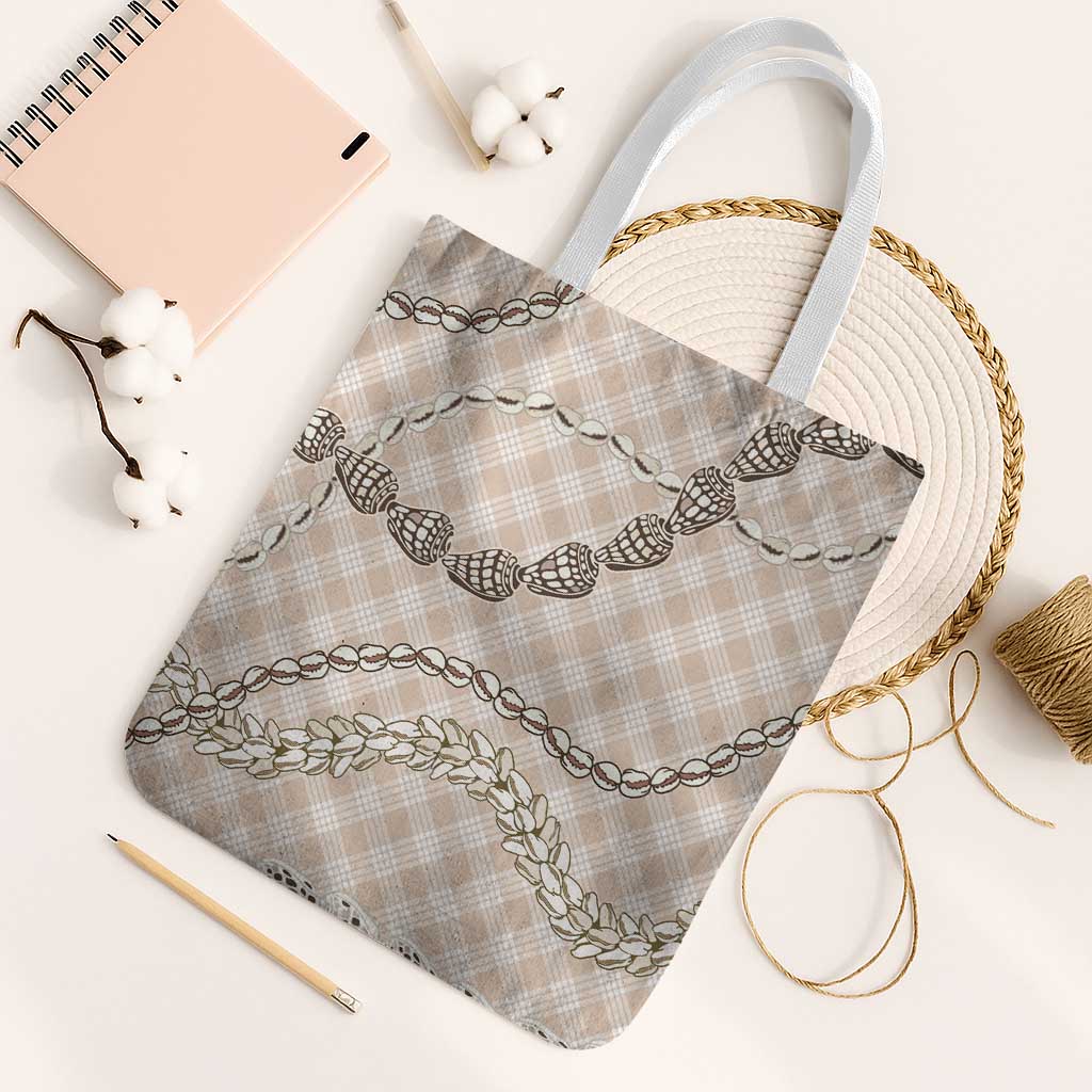 Beige Aloha Hawaii Shell Lei Tote Bag Palaka Hebrew Cone Honey Cowrie Elegant Curves - Polynesian Pride