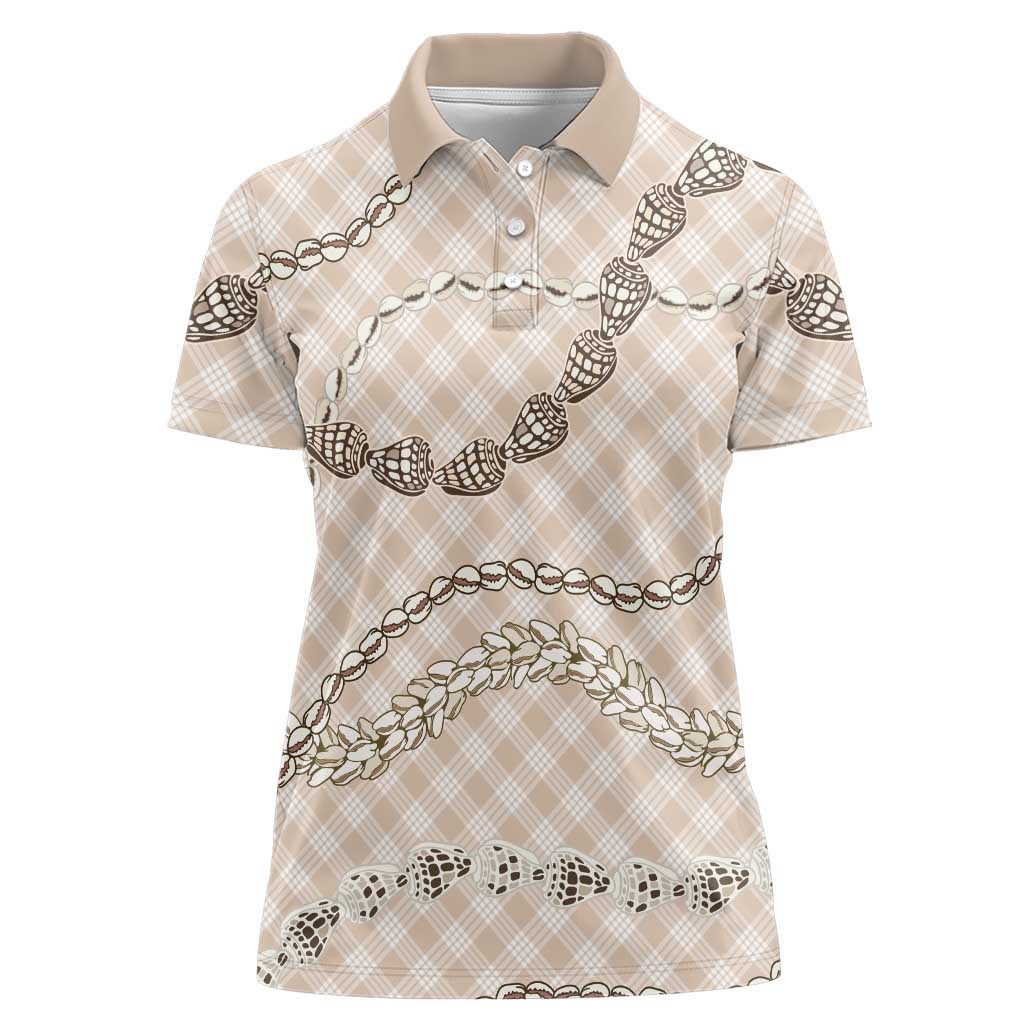 Beige Aloha Hawaii Shell Lei Women Polo Shirt Palaka Hebrew Cone Honey Cowrie Elegant Curves LT14 Female Beige - Polynesian Pride