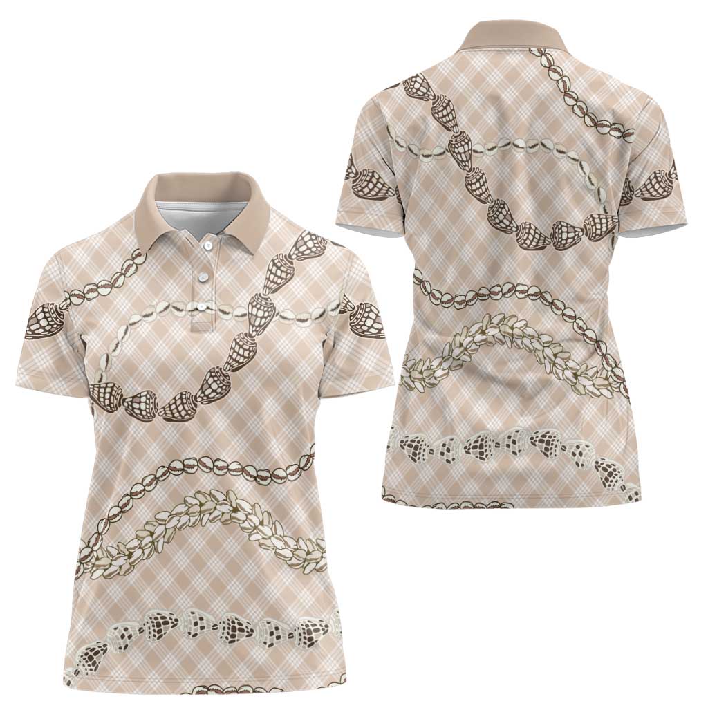 Beige Aloha Hawaii Shell Lei Women Polo Shirt Palaka Hebrew Cone Honey Cowrie Elegant Curves LT14 - Polynesian Pride