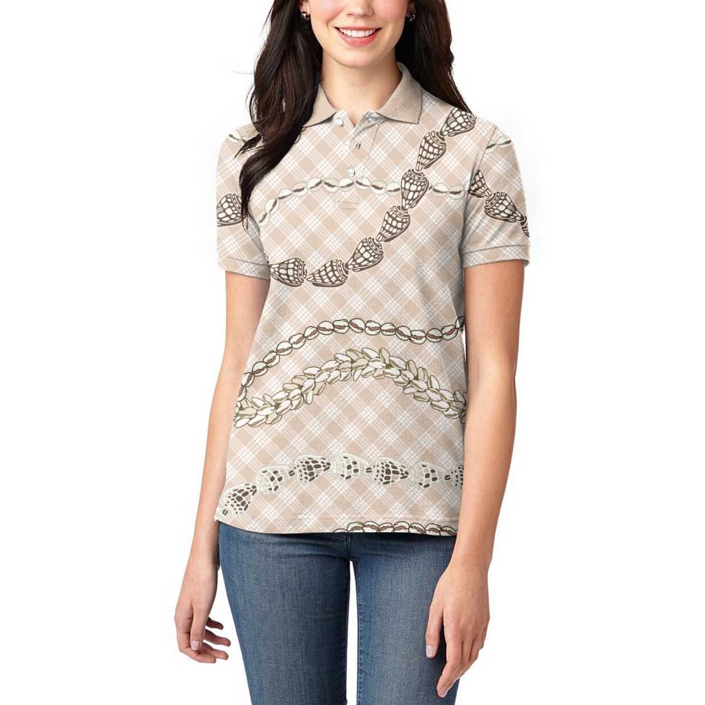 Beige Aloha Hawaii Shell Lei Women Polo Shirt Palaka Hebrew Cone Honey Cowrie Elegant Curves LT14 - Polynesian Pride