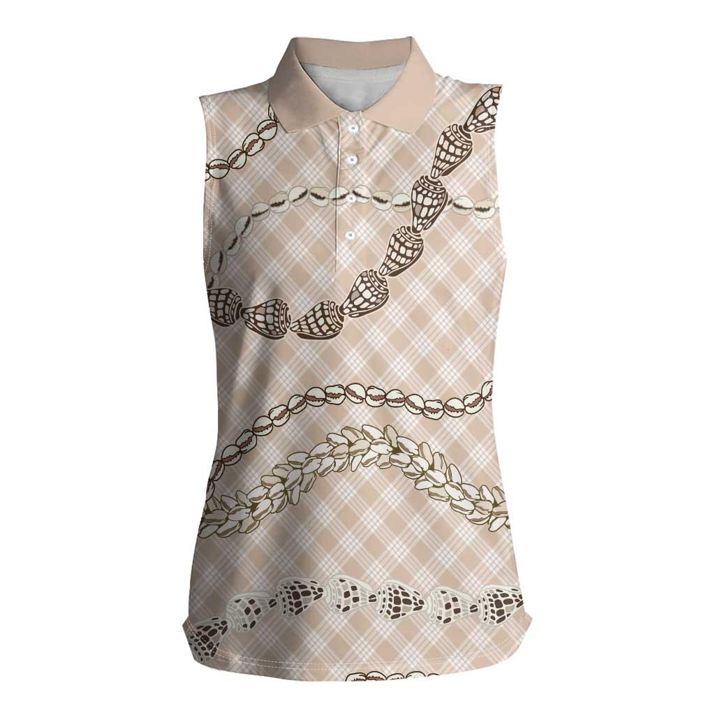 Beige Aloha Hawaii Shell Lei Women Sleeveless Polo Shirt Palaka Hebrew Cone Honey Cowrie Elegant Curves LT14 Female Beige - Polynesian Pride