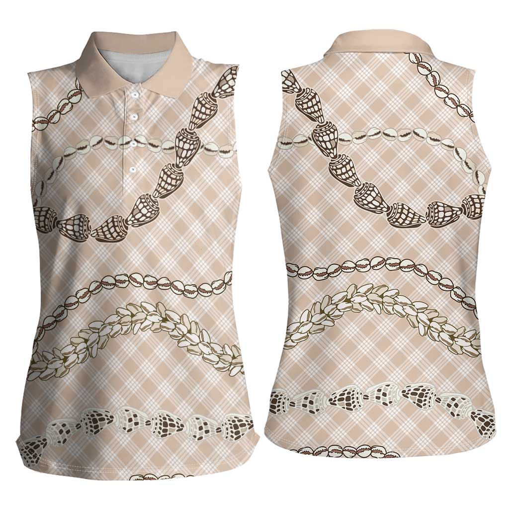 Beige Aloha Hawaii Shell Lei Women Sleeveless Polo Shirt Palaka Hebrew Cone Honey Cowrie Elegant Curves LT14 - Polynesian Pride