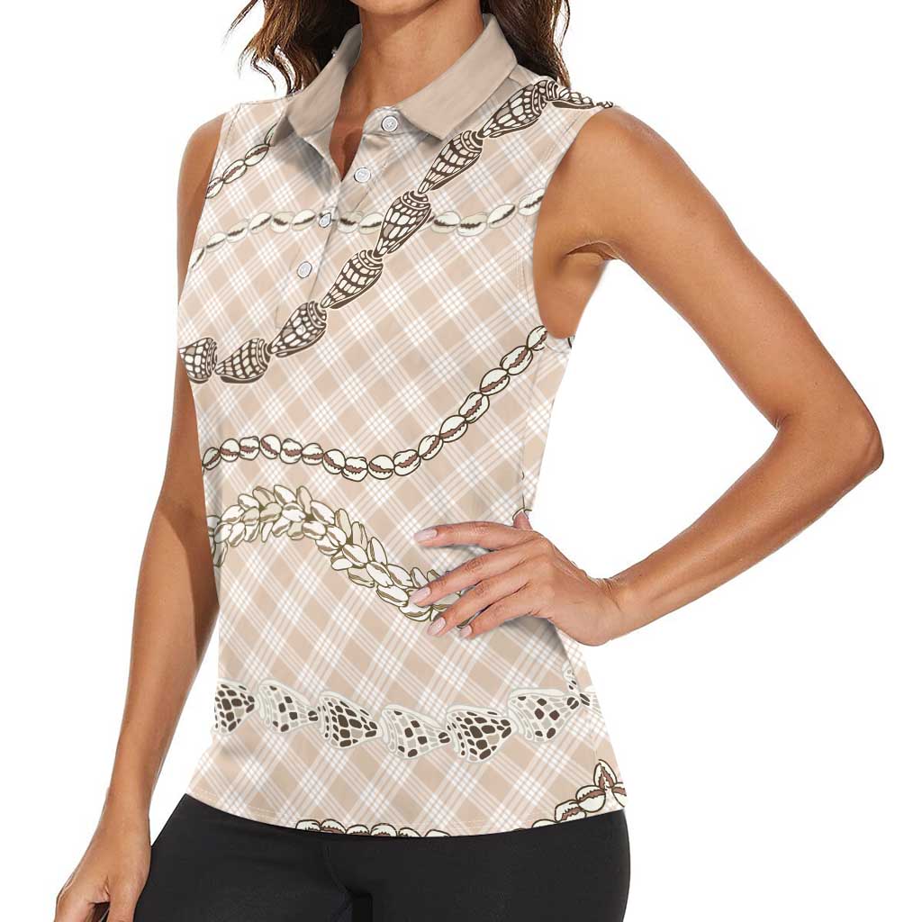 Beige Aloha Hawaii Shell Lei Women Sleeveless Polo Shirt Palaka Hebrew Cone Honey Cowrie Elegant Curves LT14 - Polynesian Pride