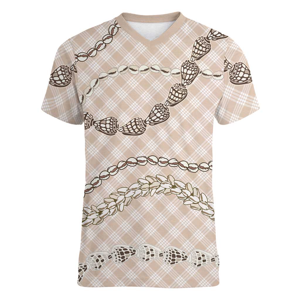 Beige Aloha Hawaii Shell Lei Women V-Neck T-Shirt Palaka Hebrew Cone Honey Cowrie Elegant Curves LT14 Female Beige - Polynesian Pride