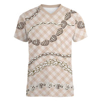 Beige Aloha Hawaii Shell Lei Women V-Neck T-Shirt Palaka Hebrew Cone Honey Cowrie Elegant Curves LT14 Female Beige - Polynesian Pride