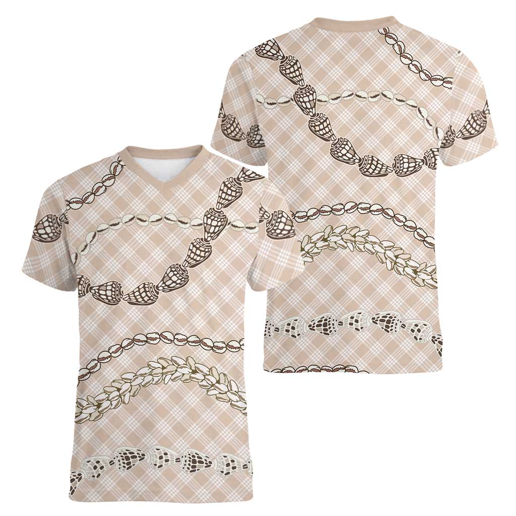 Beige Aloha Hawaii Shell Lei Women V-Neck T-Shirt Palaka Hebrew Cone Honey Cowrie Elegant Curves LT14 - Polynesian Pride
