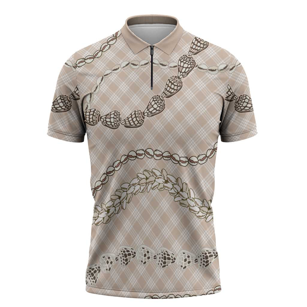 Beige Aloha Hawaii Shell Lei Zipper Polo Shirt Palaka Hebrew Cone Honey Cowrie Elegant Curves - Polynesian Pride