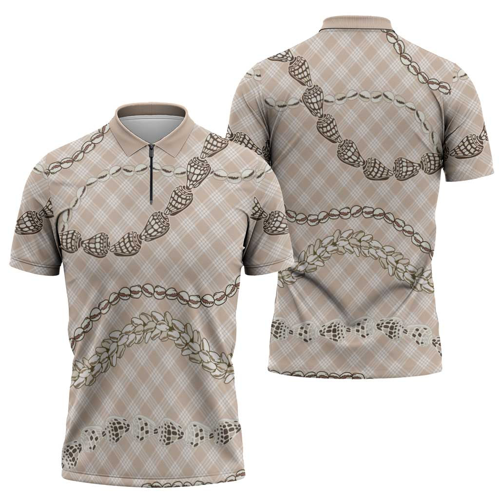 Beige Aloha Hawaii Shell Lei Zipper Polo Shirt Palaka Hebrew Cone Honey Cowrie Elegant Curves - Polynesian Pride