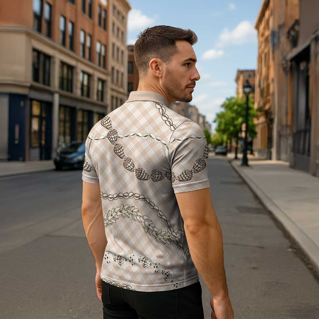 Beige Aloha Hawaii Shell Lei Zipper Polo Shirt Palaka Hebrew Cone Honey Cowrie Elegant Curves - Polynesian Pride