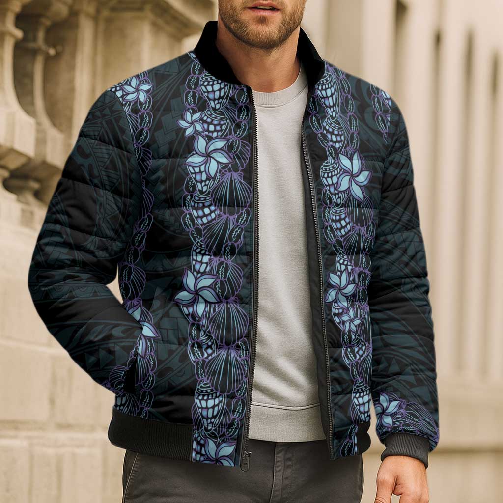 Purple Paradise Hawaii Shell Lei Bomber Puffer Jacket Hawaiian Sunrise Shell Hebrew Cone Plumeria - Polynesian Pride