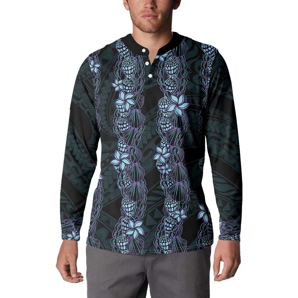 Purple Paradise Hawaii Shell Lei Button Sweatshirt Hawaiian Sunrise Shell Hebrew Cone Plumeria - Polynesian Pride