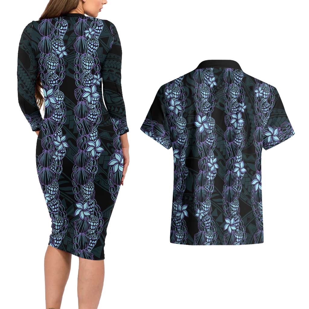 Purple Paradise Hawaii Shell Lei Couples Matching Long Sleeve Bodycon Dress and Hawaiian Shirt Hawaiian Sunrise Shell Hebrew Cone Plumeria LT14 - Polynesian Pride