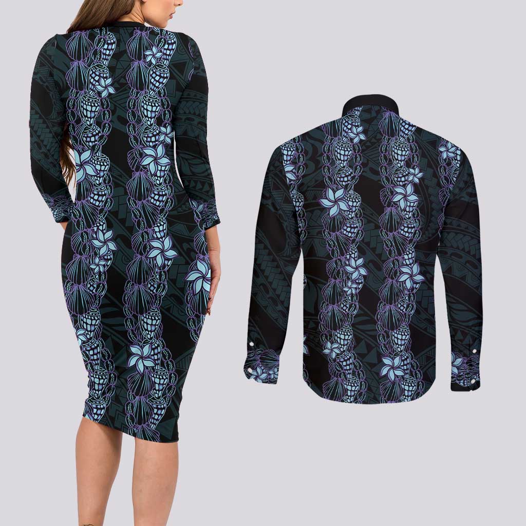 Purple Paradise Hawaii Shell Lei Couples Matching Long Sleeve Bodycon Dress and Long Sleeve Button Shirt Hawaiian Sunrise Shell Hebrew Cone Plumeria LT14 - Polynesian Pride