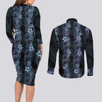 Purple Paradise Hawaii Shell Lei Couples Matching Long Sleeve Bodycon Dress and Long Sleeve Button Shirt Hawaiian Sunrise Shell Hebrew Cone Plumeria LT14 - Polynesian Pride