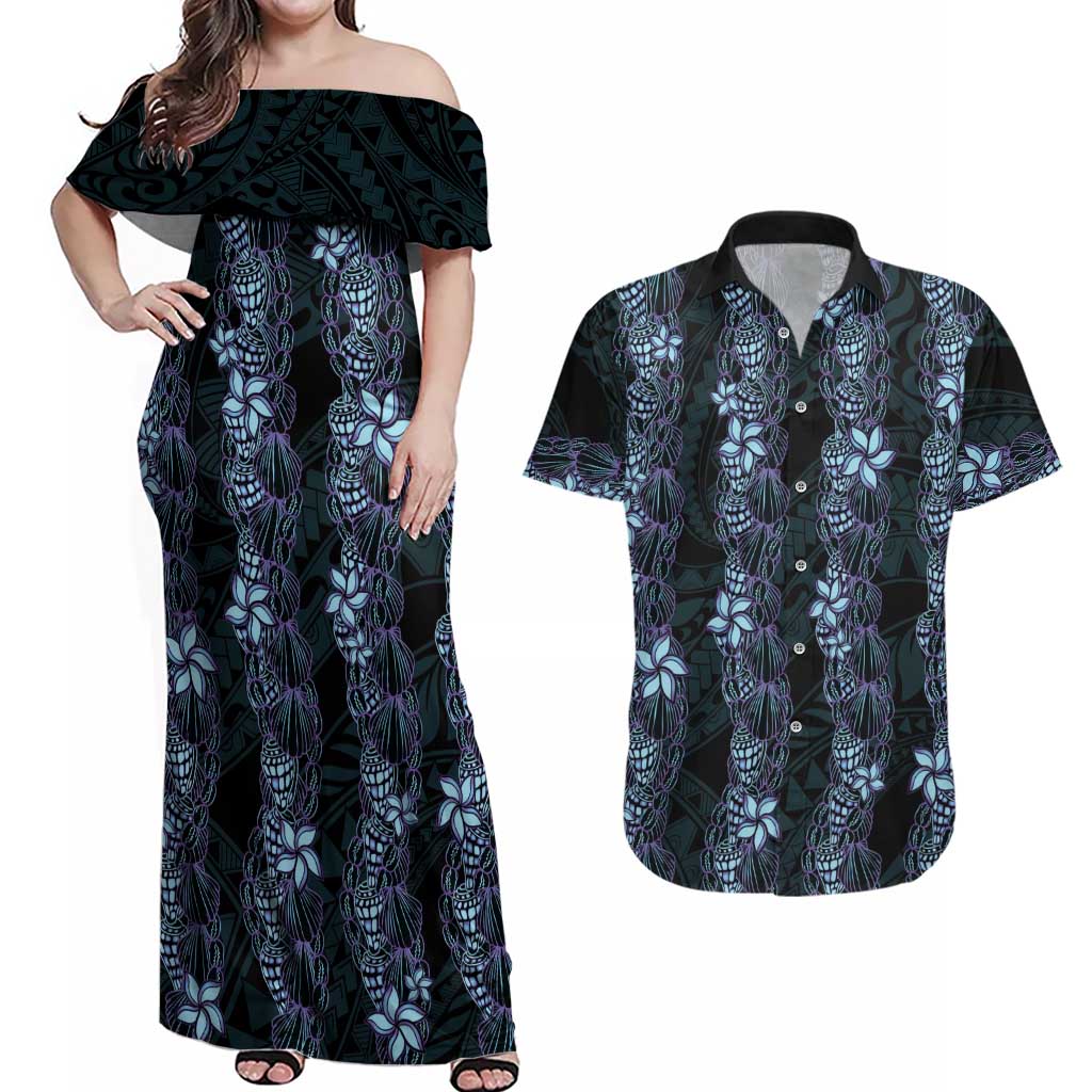Purple Paradise Hawaii Shell Lei Couples Matching Off Shoulder Maxi Dress and Hawaiian Shirt Hawaiian Sunrise Shell Hebrew Cone Plumeria - Polynesian Pride