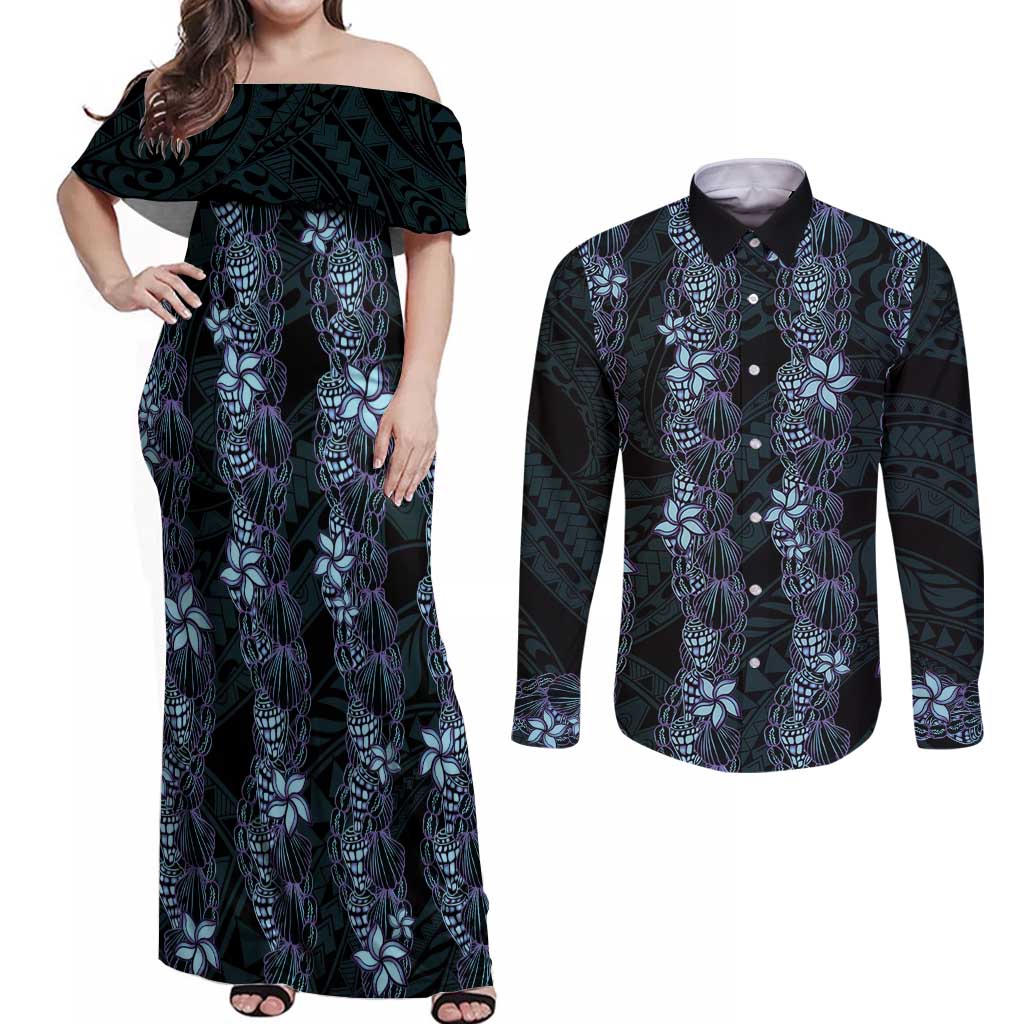 Purple Paradise Hawaii Shell Lei Couples Matching Off Shoulder Maxi Dress and Long Sleeve Button Shirt Hawaiian Sunrise Shell Hebrew Cone Plumeria LT14 Purple - Polynesian Pride