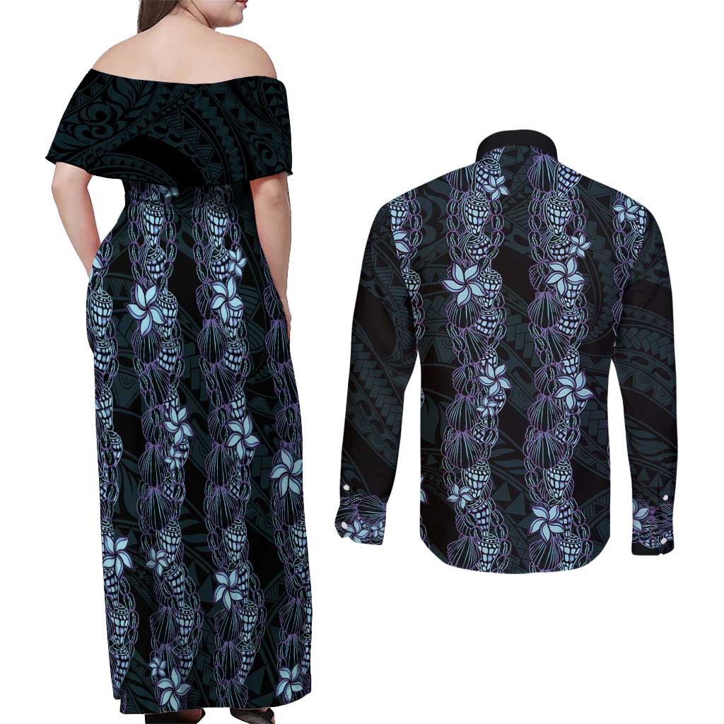 Purple Paradise Hawaii Shell Lei Couples Matching Off Shoulder Maxi Dress and Long Sleeve Button Shirt Hawaiian Sunrise Shell Hebrew Cone Plumeria LT14 - Polynesian Pride