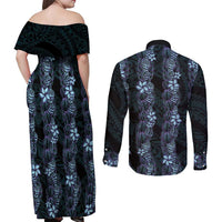 Purple Paradise Hawaii Shell Lei Couples Matching Off Shoulder Maxi Dress and Long Sleeve Button Shirt Hawaiian Sunrise Shell Hebrew Cone Plumeria LT14 - Polynesian Pride