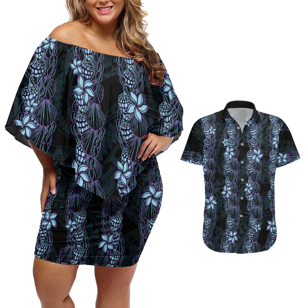Purple Paradise Hawaii Shell Lei Couples Matching Off Shoulder Short Dress and Hawaiian Shirt Hawaiian Sunrise Shell Hebrew Cone Plumeria LT14 Purple - Polynesian Pride