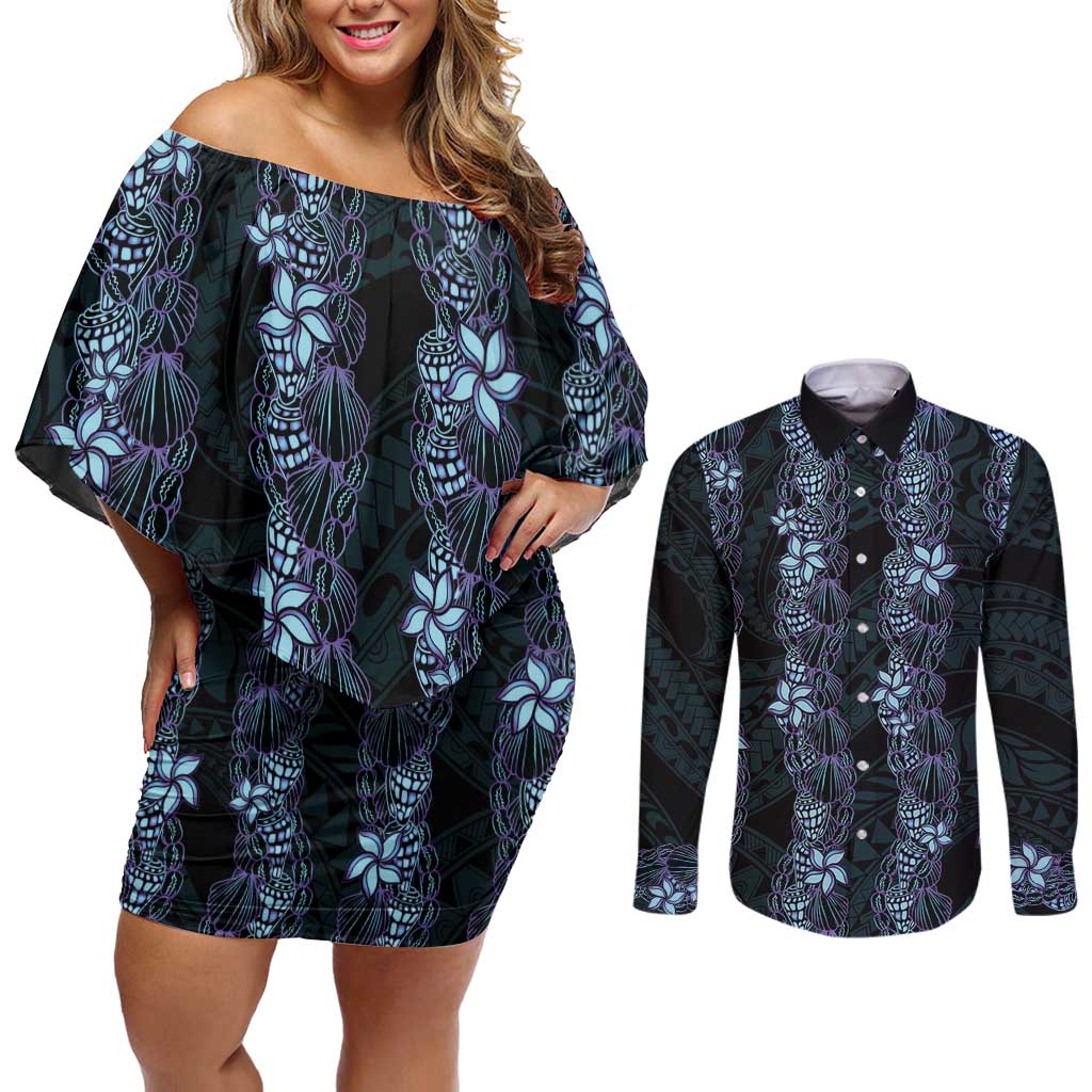 Purple Paradise Hawaii Shell Lei Couples Matching Off Shoulder Short Dress and Long Sleeve Button Shirt Hawaiian Sunrise Shell Hebrew Cone Plumeria LT14 Purple - Polynesian Pride