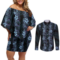Purple Paradise Hawaii Shell Lei Couples Matching Off Shoulder Short Dress and Long Sleeve Button Shirt Hawaiian Sunrise Shell Hebrew Cone Plumeria LT14 Purple - Polynesian Pride