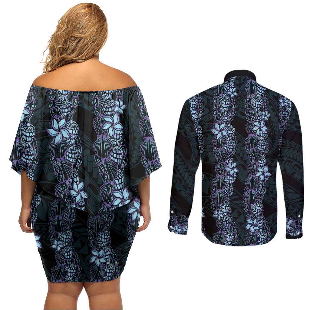 Purple Paradise Hawaii Shell Lei Couples Matching Off Shoulder Short Dress and Long Sleeve Button Shirt Hawaiian Sunrise Shell Hebrew Cone Plumeria LT14 - Polynesian Pride
