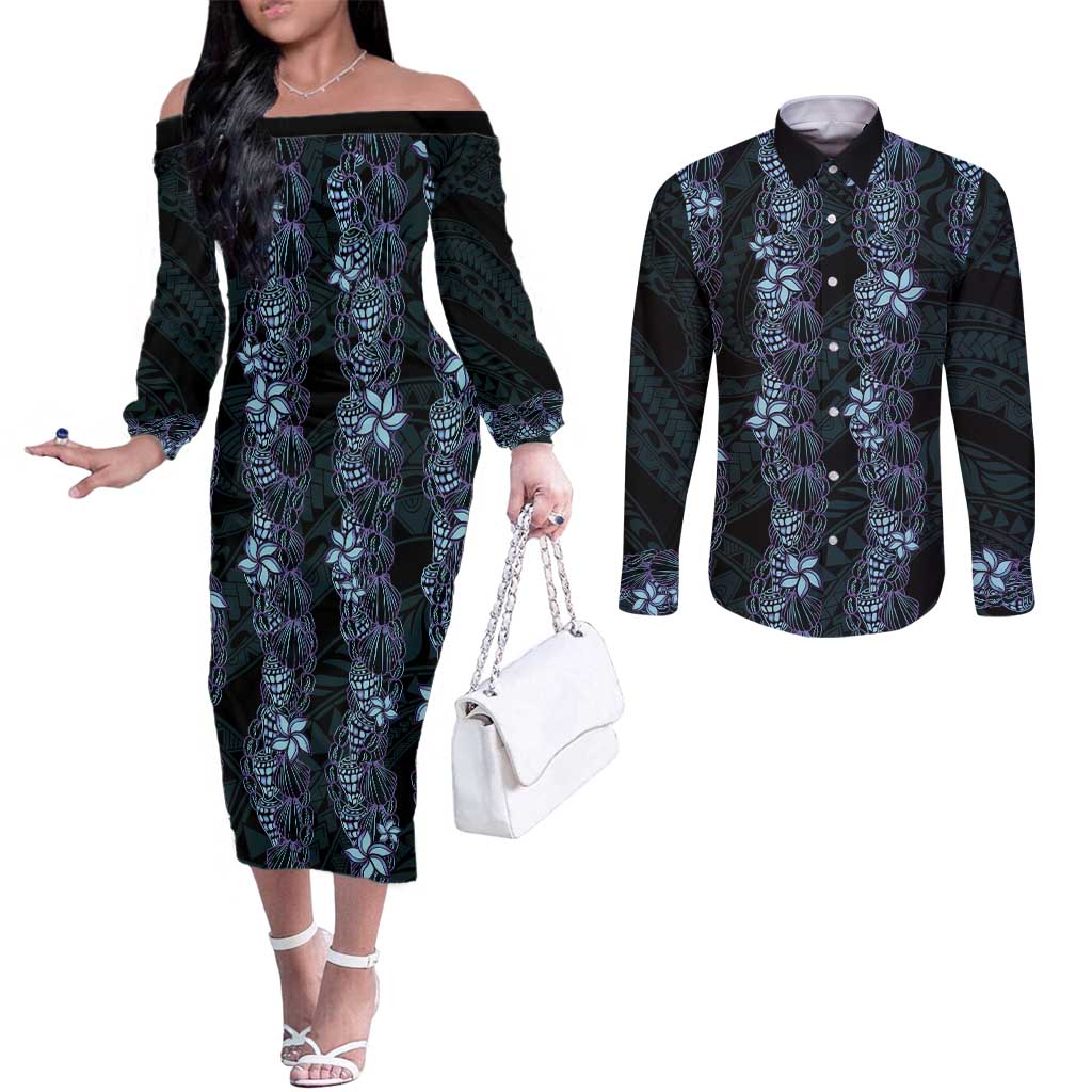 Purple Paradise Hawaii Shell Lei Couples Matching Off The Shoulder Long Sleeve Dress and Long Sleeve Button Shirt Hawaiian Sunrise Shell Hebrew Cone Plumeria LT14 Purple - Polynesian Pride