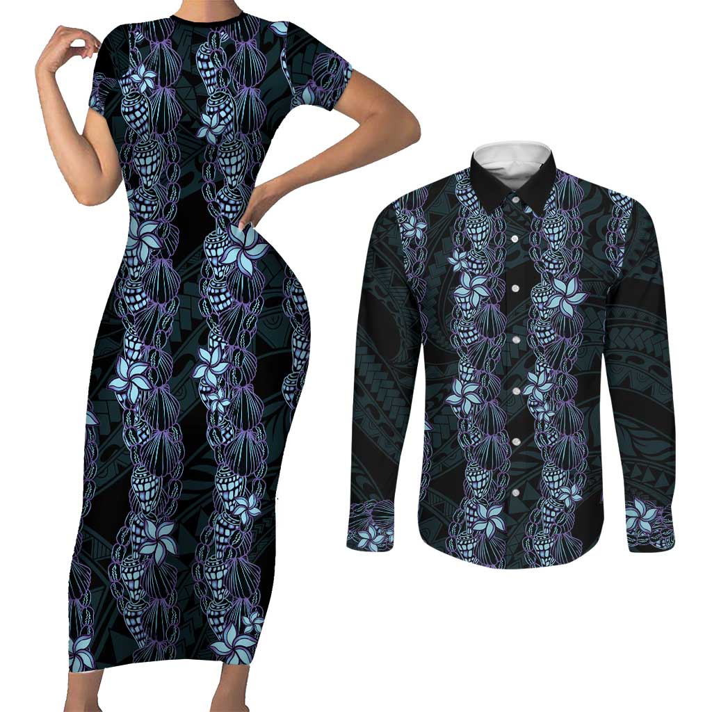 Purple Paradise Hawaii Shell Lei Couples Matching Short Sleeve Bodycon Dress and Long Sleeve Button Shirt Hawaiian Sunrise Shell Hebrew Cone Plumeria - Polynesian Pride