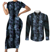 Purple Paradise Hawaii Shell Lei Couples Matching Short Sleeve Bodycon Dress and Long Sleeve Button Shirt Hawaiian Sunrise Shell Hebrew Cone Plumeria LT14 Purple - Polynesian Pride
