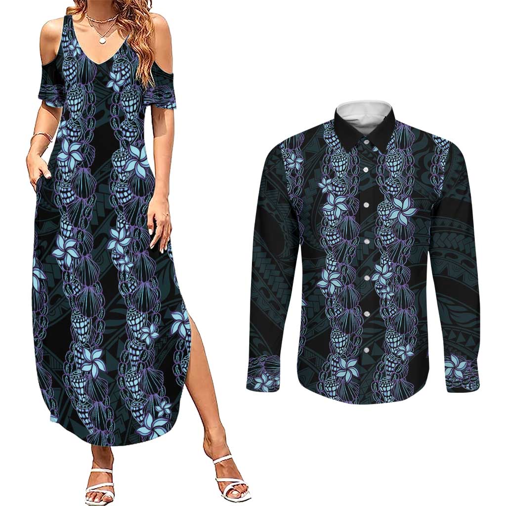 Purple Paradise Hawaii Shell Lei Couples Matching Summer Maxi Dress and Long Sleeve Button Shirt Hawaiian Sunrise Shell Hebrew Cone Plumeria LT14 Purple - Polynesian Pride
