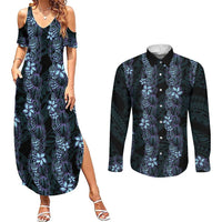 Purple Paradise Hawaii Shell Lei Couples Matching Summer Maxi Dress and Long Sleeve Button Shirt Hawaiian Sunrise Shell Hebrew Cone Plumeria LT14 Purple - Polynesian Pride