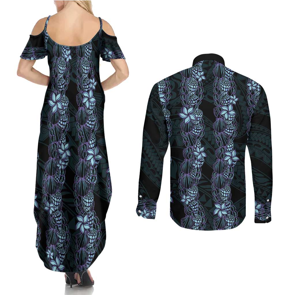 Purple Paradise Hawaii Shell Lei Couples Matching Summer Maxi Dress and Long Sleeve Button Shirt Hawaiian Sunrise Shell Hebrew Cone Plumeria LT14 - Polynesian Pride