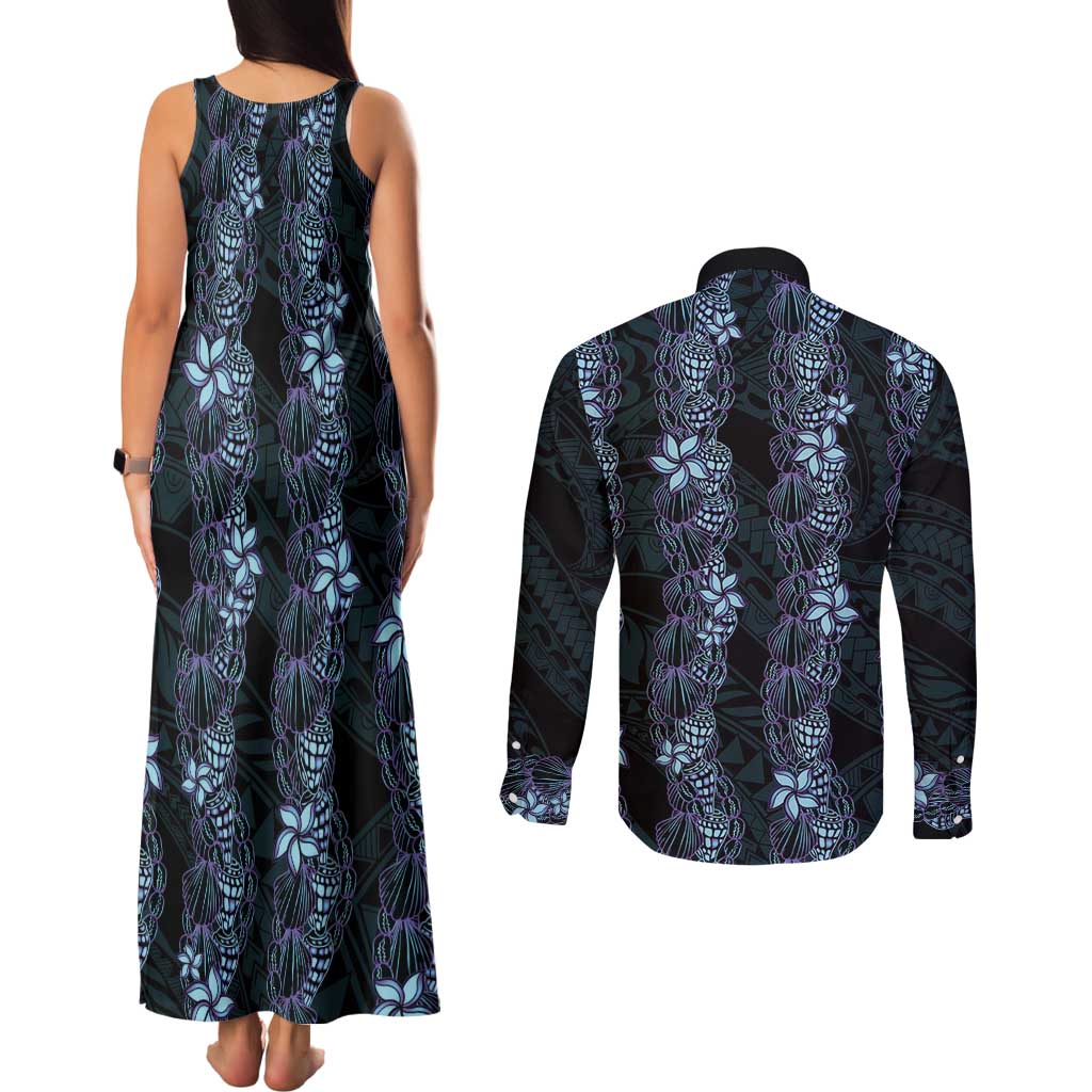 Purple Paradise Hawaii Shell Lei Couples Matching Tank Maxi Dress and Long Sleeve Button Shirt Hawaiian Sunrise Shell Hebrew Cone Plumeria LT14 - Polynesian Pride
