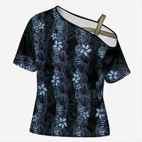 Purple Paradise Hawaii Shell Lei Cross Shoulder Shirt Hawaiian Sunrise Shell Hebrew Cone Plumeria - Polynesian Pride