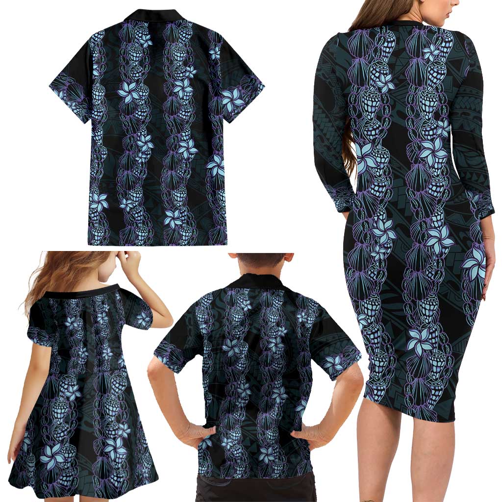 Purple Paradise Hawaii Shell Lei Family Matching Long Sleeve Bodycon Dress and Hawaiian Shirt Hawaiian Sunrise Shell Hebrew Cone Plumeria LT14 - Polynesian Pride