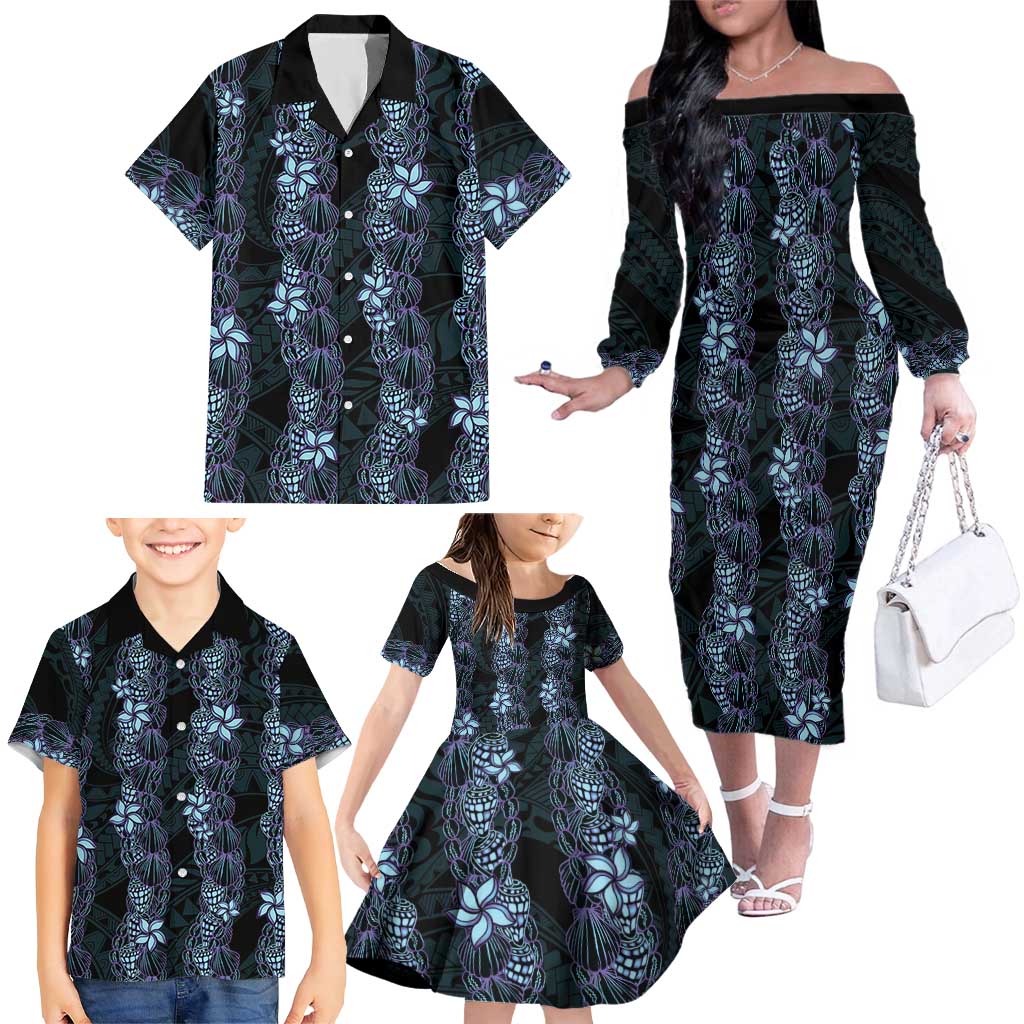 Purple Paradise Hawaii Shell Lei Family Matching Off The Shoulder Long Sleeve Dress and Hawaiian Shirt Hawaiian Sunrise Shell Hebrew Cone Plumeria LT14 - Polynesian Pride