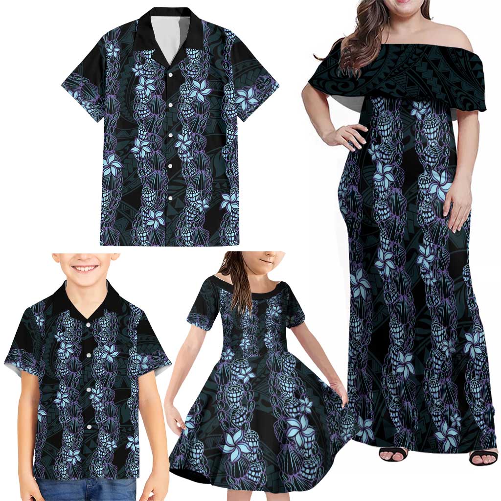 Purple Paradise Hawaii Shell Lei Family Matching Off Shoulder Maxi Dress and Hawaiian Shirt Hawaiian Sunrise Shell Hebrew Cone Plumeria LT14 - Polynesian Pride