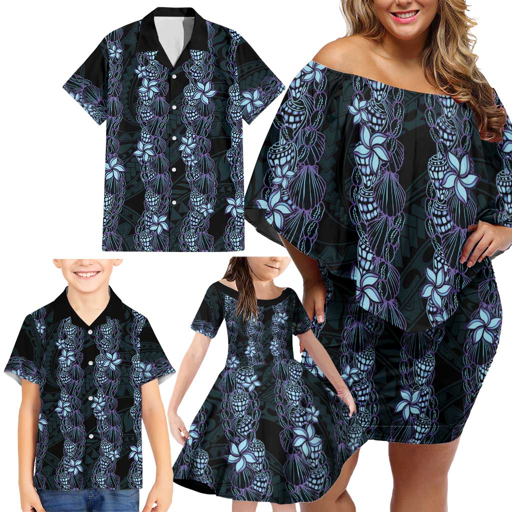 Purple Paradise Hawaii Shell Lei Family Matching Off Shoulder Short Dress and Hawaiian Shirt Hawaiian Sunrise Shell Hebrew Cone Plumeria - Polynesian Pride